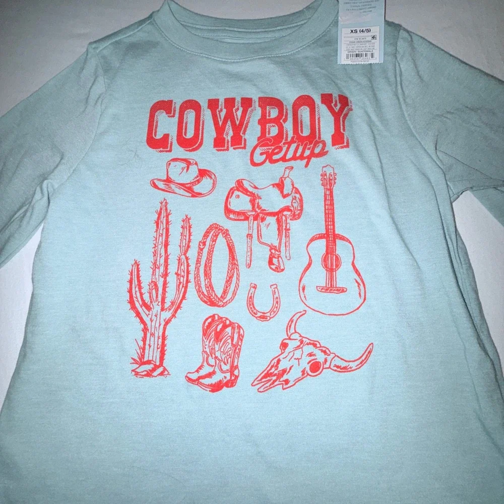 Cat & Jack Graphic Tee 2-Pk Bundle Kids XS 4/5 Blue Green NEW Cowboy Basketball